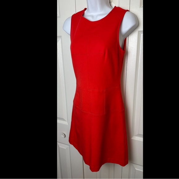 TIBI Mod Ponte Knit Party Dress Mini Orange Red Coral Sleeveless Cocktail - Picture 3 of 11